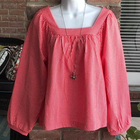 J. Crew Tops - J. CREW Red White Seersucker Stretch Square Neck Puff Sleeve Top Medium EUC!!